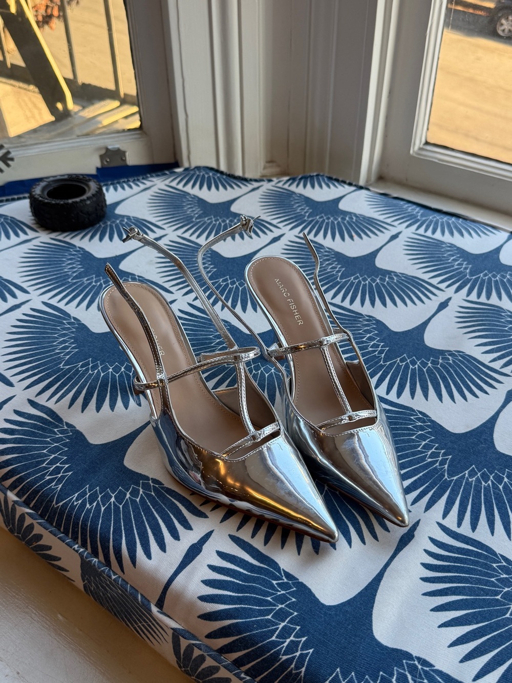 Marc Fisher Silver Pointed Slingback Pumps with T-Strap